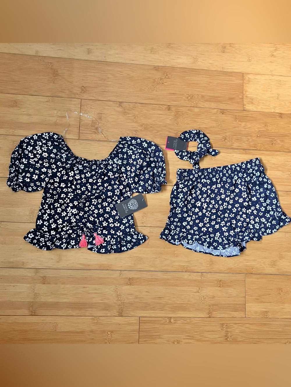NWT Girls Size 5 Outfit Navy Blue & White Floral Matching Set with Pink Tassels